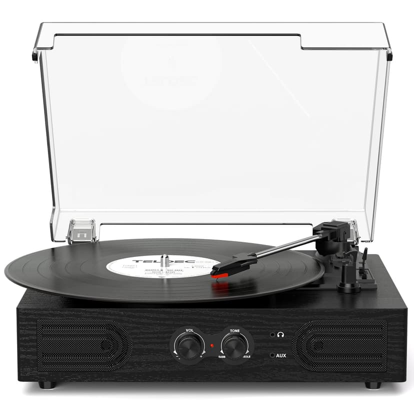 Vinyl Record Player with Built-in Speakers 3-Speed Vintage Record Player Support Treble& Bass Control, 3.5mm Headphone Jack, RCA-Out/Aux in, Belt-Driven LP Turntable,Black Wood