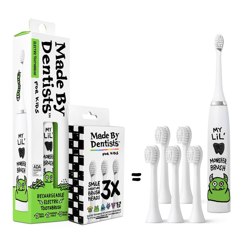 Made by Dentists Kids Electric Toothbrush - Rechargeable Vibrating Toothbrush with Timer, Includes 6 Replacement Heads, Gently Cleans Teeth, Kid & Toddlers Age 2+, Monster