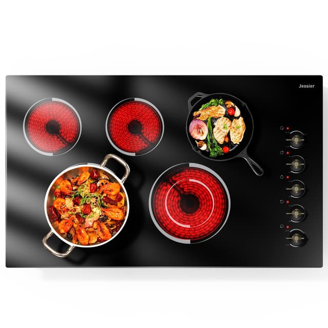 Jessier Electric Cooktop 36 Inch - Drop-in(34.25"x19.3") 5 Burner Electric Stove Top 8400W High Power, 36" Ceramic Cooktop Stove with Knob Touch, Dual Ring, Overheat Protection, 220-240V Hard Wired