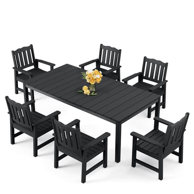 Stoog 7 Pieces Patio Dining Sets, All-Weather HIPS & Aluminum Outdoor Dining Table with Umbrella Hole, Patio Furniture Set Include 1 Table and 6 Chairs, for Backyard, Garden and Deck, Black