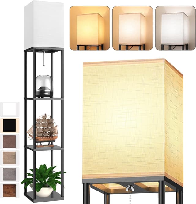 Floor Lamp with Shelves for Living Room, Shelf Floor Lamp with 3 CCT LED Bulb, Corner Display Standing Column Lamp Etagere Organizer Tower Nightstand with White Linen Shade for Bedroom, Office