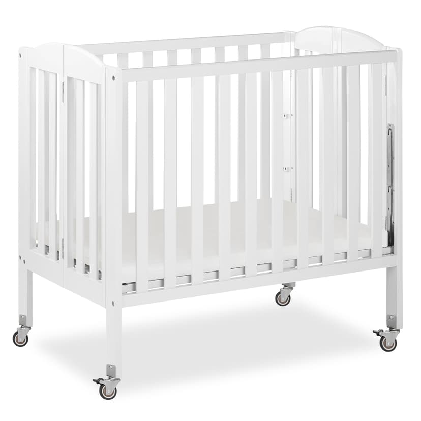 Dream On Me 3-in-1 Portable Folding Stationary Side Mini Baby Crib in White & Mattress, GreenGuard Gold & JPMA, Use as Changer & Playpen, Locking Wheels, 3 Mattress Heights, Extra Firm Mattress