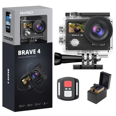 AKASO Brave 4 Action Camera 4K 30fps Ultra Hd Video 20MP Photo, EIS, WiFi Remote Control, 2X Batteries, Waterproof Underwater Camera for Snorkel, Travel, Motorcycle, Bicycle, Helmet Accessories Kit