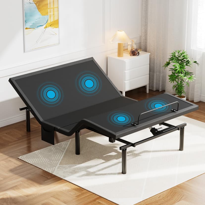 Pipishell Full Adjustable Bed Frame with Massage, Electric Bed Base with Head & Foot Incline, USB-A & USB-C Ports, LED Under-Bed Lighting, 4 Leg Height Options, and Easy 3-Step Assembly