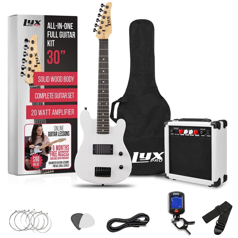 LyxPro 30 Inch Electric Guitar and Starter Kit for Kids with 3/4 Size Beginner’s Guitar, Amp, Six Strings, Two Picks, Shoulder Strap, Digital Clip On Tuner, Guitar Cable and Soft Case Gig Bag - White