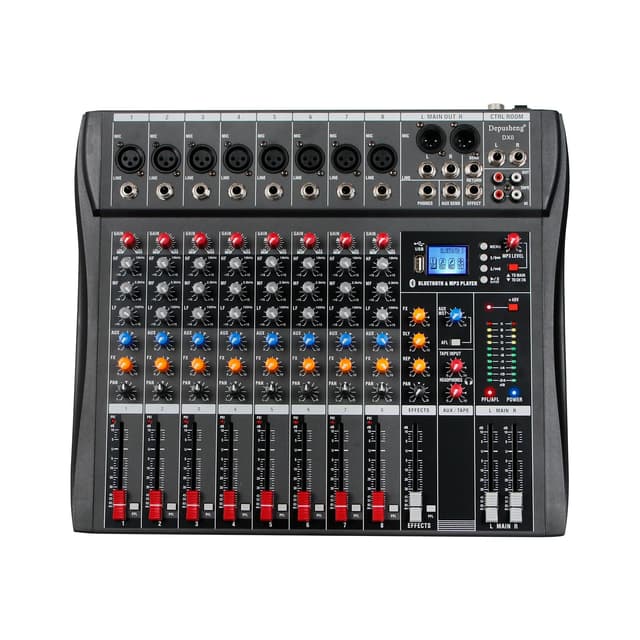 Depusheng Audio Mixer Professional 8 channel,DX8 Sound Board DJ Mixing Console System Interface USB MP3 Input Bluetooth 48V Phantom Power,Black, USB Audio Mixer for PC,for Studio Karaoke Live Music