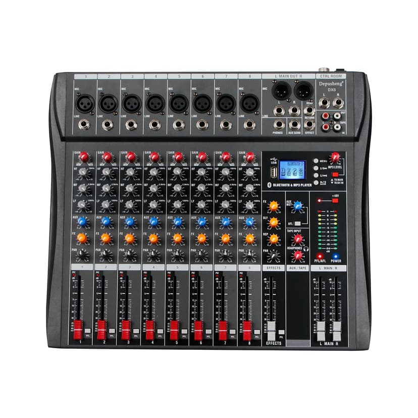 Depusheng Audio Mixer Professional 8 channel,DX8 Sound Board DJ Mixing Console System Interface USB MP3 Input Bluetooth 48V Phantom Power,Black, USB Audio Mixer for PC,for Studio Karaoke Live Music