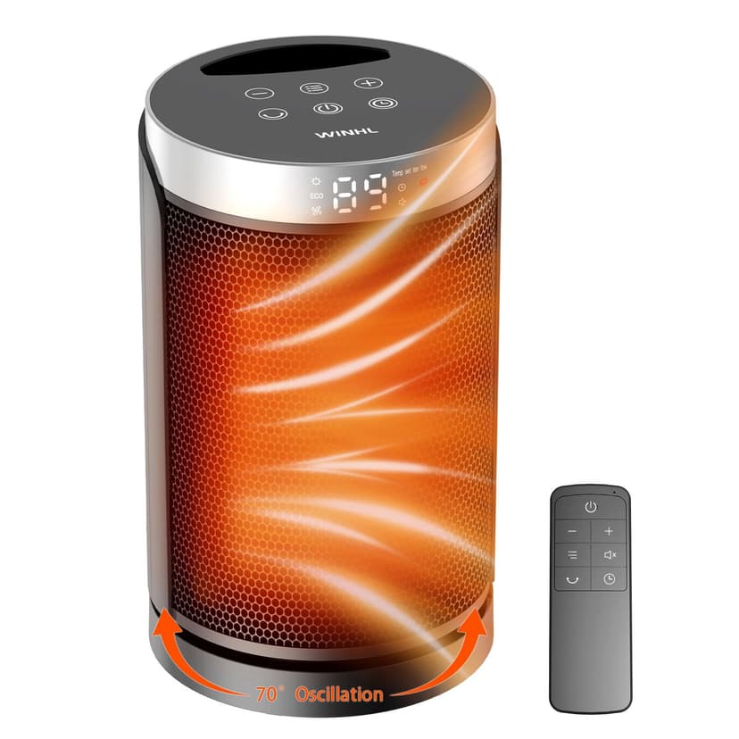 Space Heater, WINHL Small Portable Electric Heaters for Indoor Use with Thermostat and Remote, 70°Oscillation, 12H Timer, 5 Modes, 1500W PTC Ceramic Fast Safety Heat for Office Bedroom Home