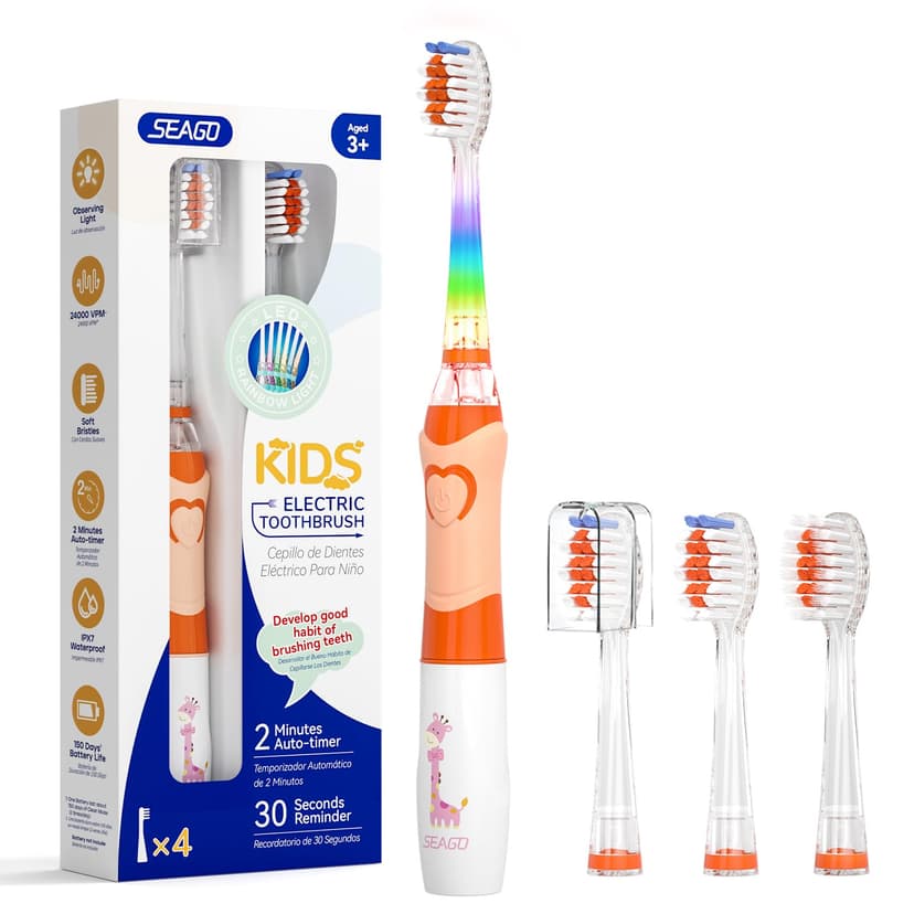 SEAGO Kids Electric Toothbrush with 2 Mins Brushing Timer and 4 Replacement Bursh Heads, Rainbow LED Light Make Brushing Fun, Boys Battery Powerd Toothbrush for 4-12 Years Old,SG-977(Orange)