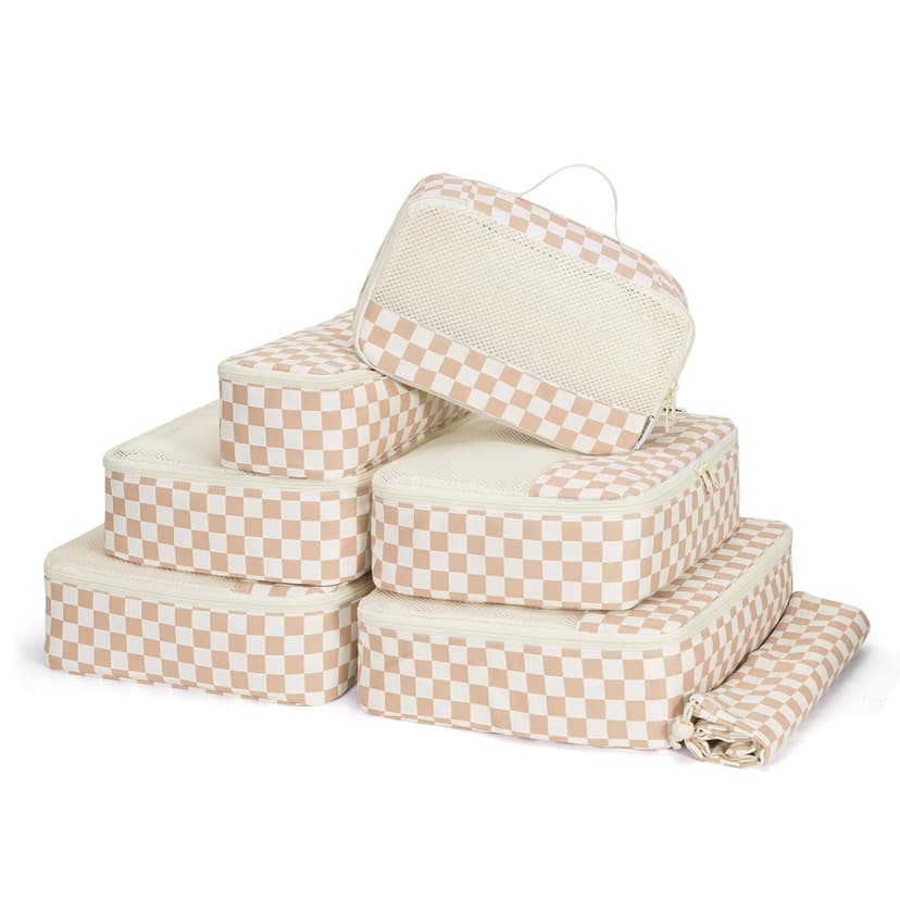 Narwey 7 Set Checkered Packing Cubes for Travel Carry on Suitcase Luggage Organizer Bags for Kids Women Men, Durable Packing Organizers Bag, Travel Essentials Accessories (Light Checkerboard)