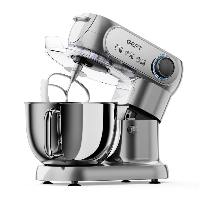 GEFT Stand Mixer, 3.5QT+6QT Two Bowls Kitchen Electric Mixer, 600W 6+P speed Tilt-Head Food Mixer with Stainless Steel Bowl, Dishwasher-Safe Dough Hook, Flat Beater, Wire Whisk, Splash Guard, Grey