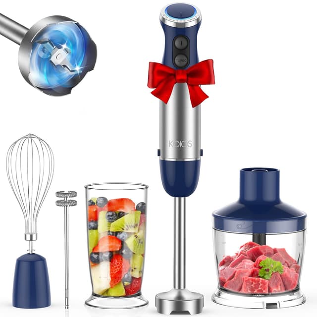 KOIOS 5-in-1 Hand Immersion Blender, 12 Speed Adjustable Emulsifier Handheld Blender, 1000W Copper Motor Stainless Steel Blade Hand Mixer with attachments, Blue