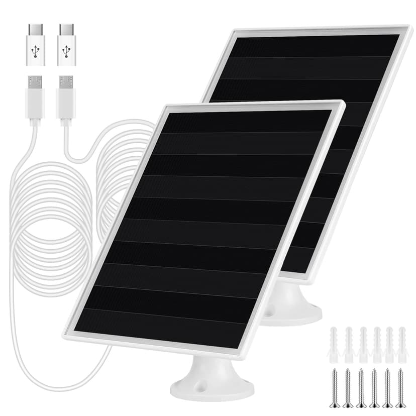 6W Solar Panel Charger, Solar Panel with Micro USB & USB-C Port for DC 5V Outdoor Rechargeable Battery Camera, IP66 Waterproof, 360° Adjustable Security Mount, 2PC
