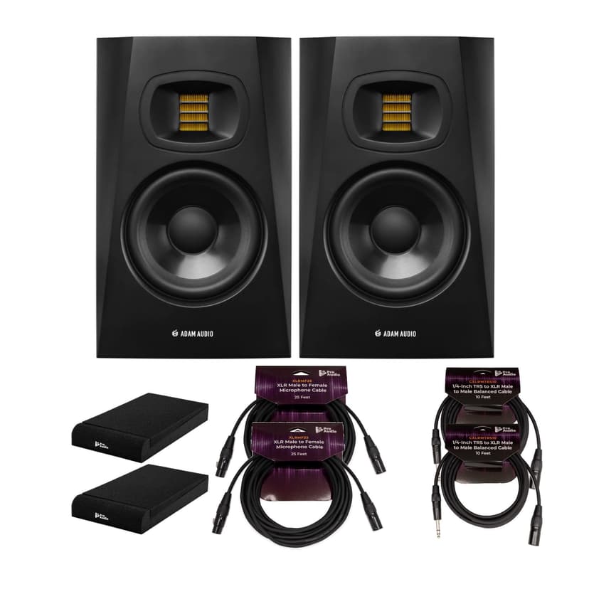 ADAM Audio T5V 5-Inch Powered Studio Monitor (2-Pack) Bundle with Isolation Pads, 1/4-Inch TRS to XLR Male to Male Balanced Cable (10-Feet, 2-Pack) and 25-Feet XLR Cable (6 Items)