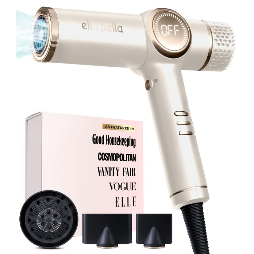 ELLA BELLA® Professional Ionic Hair Dryer with Diffuser • Negative Ion Blow Dryer • Suitable All Hair Types • Intelligent Heat Control & Rapid Drying Speeds • Lightweight Design • Low Noise Technology