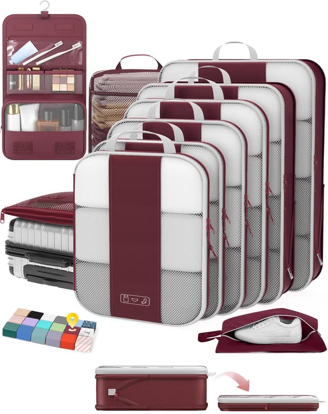 10 Set Compression Packing Cubes for Travel Essentials,Compressible Expandable Packing Cubes for Suitcase,OlarHike Luggage Organizer Bags for Travel,Handy Helper for Organizing Clothes(Wine Red)