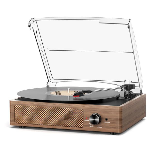 Record Player for Vinyl with 2 Build-in Speakers LP Vinyl Players Belt-Driven Vintage Turntables 3 Speed 3 Size, Wireless Bluetooth Playback, AUX-in,RCA Out, Headphone, Auto Stop Wood