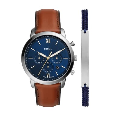 Fossil Men's Watch and Bracelet set, Neutra Quartz Stainless Steel and Chronograph Leather Watch for Men, Color: Silver, Brown Bracelet Set