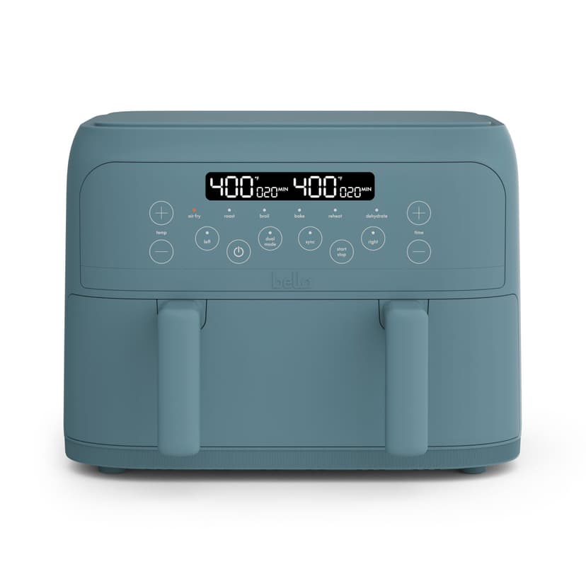 bella 4 Qt TriZone Air Fryer, EverGood™ Ceramic Nonstick Coating, Dual Basket Design w Removable Divider, Digital Touchscreen Control w 6 Preset Cooking Options, 1200 Watt, 3lb Capacity, Surf