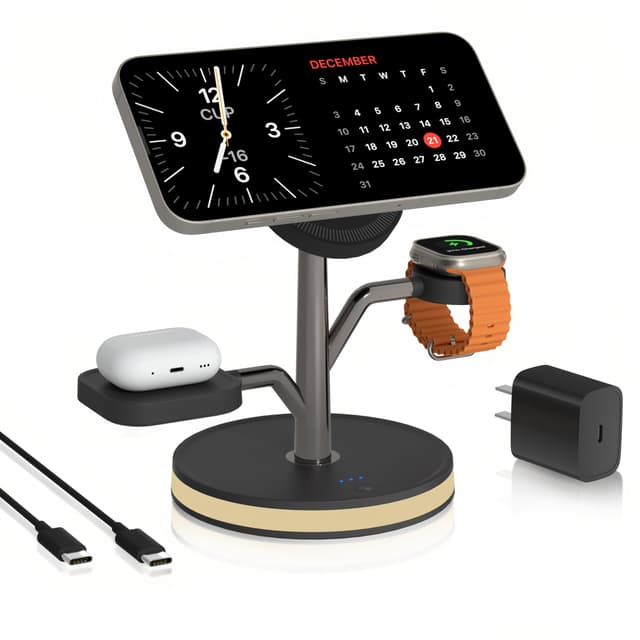 3 in 1 Charging Station for Apple Devices, Fast Charging Magsafe Charger Stand with LED Light and 20W PD Adapter, Wireless Nightstand Charger for iPhone17/16/15/14/13/12 Series,AirPods,iWatch and More