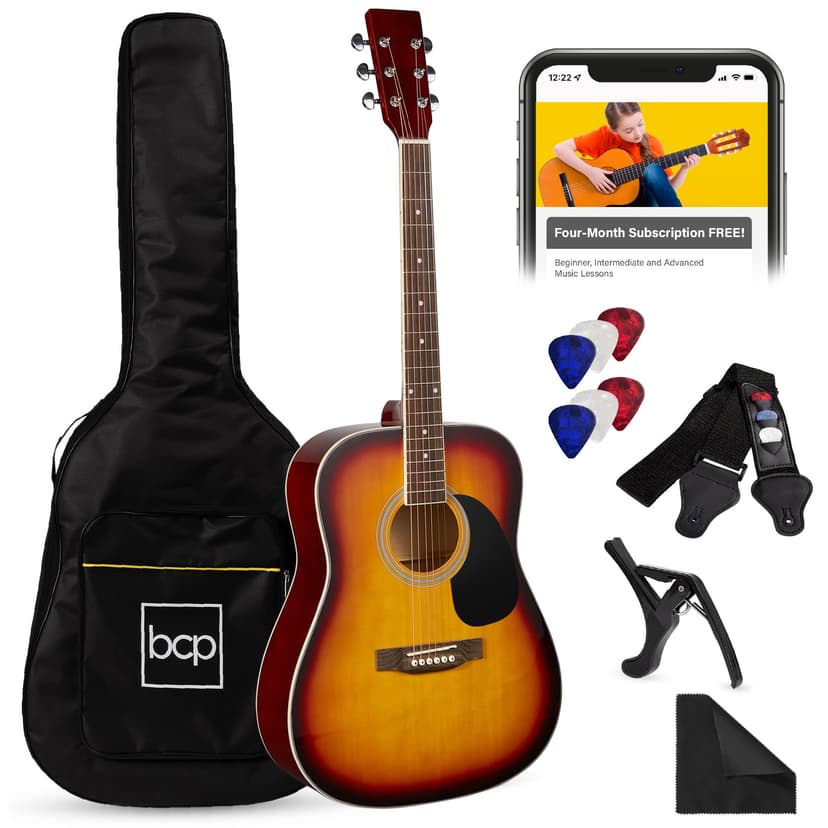 Best Choice Products 41in Full Size Beginner All Wood Acoustic Guitar Starter Set w/Gig Bag, Strap, Capo, Strings, Picks - Sunburst