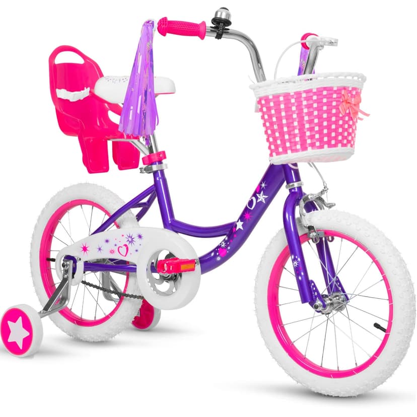 WEIZE Girls Bike for 3-5 Years Old Kids, 14 Inch Kids Bike with Training Wheels, Streamers, Basket and Doll Seat, Children Bicycles with Coaster Brake, Multiple Colors