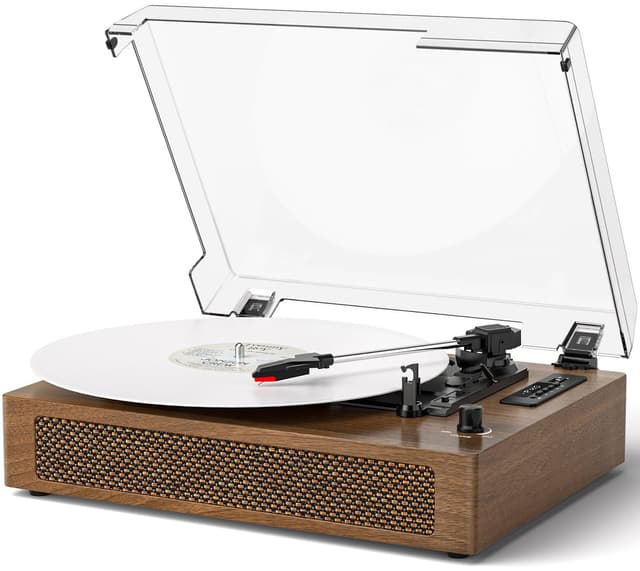 Vinyl Record Player Extended Size with Bluetooth Playback, Built-in Speakers, USB Recording, LED Display, 3-Speed Turntable - Walnut