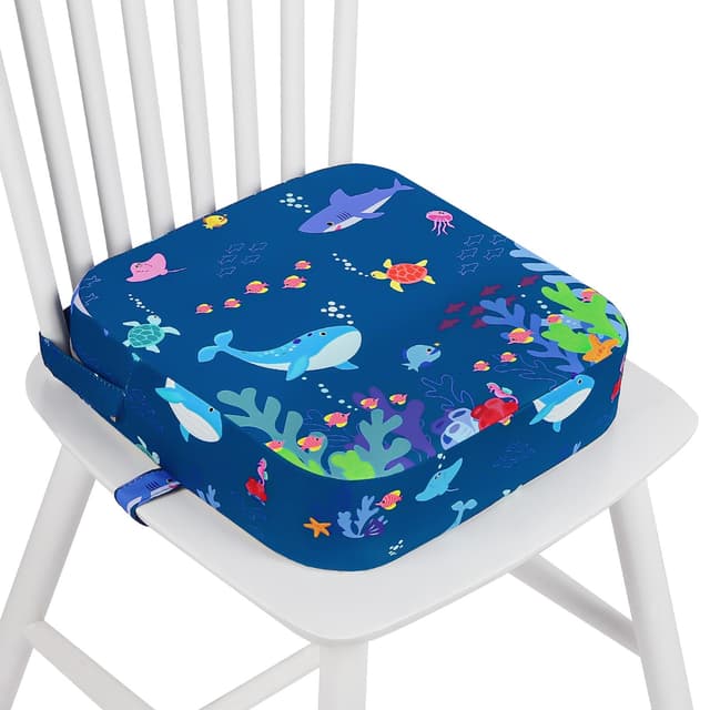 wooshwa Toddler Booster Seat for Dining Table, Kids Booster Seat for Kitchen Chair with Non-Slip Bottom, Portable Detachable Washable Increasing Cushion with 2 Adjustable Straps (Marine Animals)