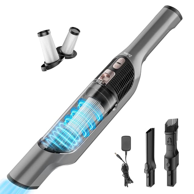 Zefiro Compact Powerful Cordless Handheld Vacuum, Rechargeable Portable Car Vacuum for Car & Pet Hair, XL Dust Cup, 25Kpa High Suction, Long Runtime, 2 Brushes, 2 Filters