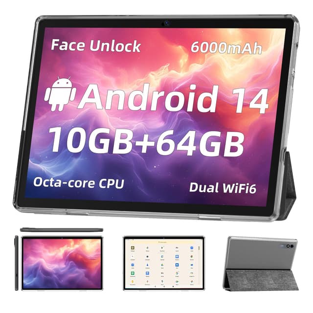 TUOHAITIME Android 14 Tablet,10 inch Tablets, Octa Core CPU, 10GB+64GB+512GB Expansion, 1280x800 Display Screen, Wi-Fi6, Dual Cameras, 6000mAh Battery,Support Widevine L1 Google Kids Space,Black