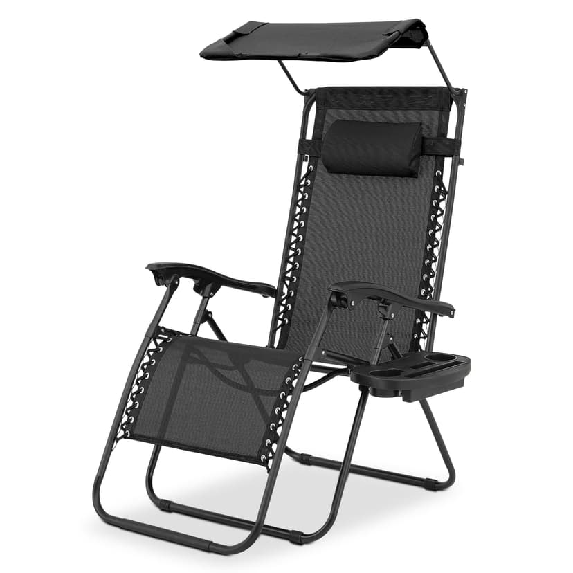Magshion Zero Gravity Lounge Chair with Canopy, Outdoor Foldable Patio Reclining Chair with Side Tray, Adjustable Anti-Gravity Recliner with Pillow Headrest, Lounger for Lawn Camping Beach (Black)
