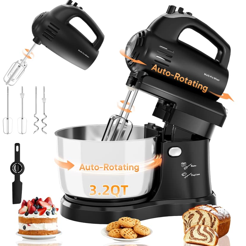 Stand Mixer Hand Mixer Kitchen Electric - 2-IN-1 3.2 QT Auto-Rotating Bowl & Beater Tilt-Head Small Standing Mixer, 250 Watt 5-Speed with Turbo Boost Household Mixer with Beaters & Dough Hooks