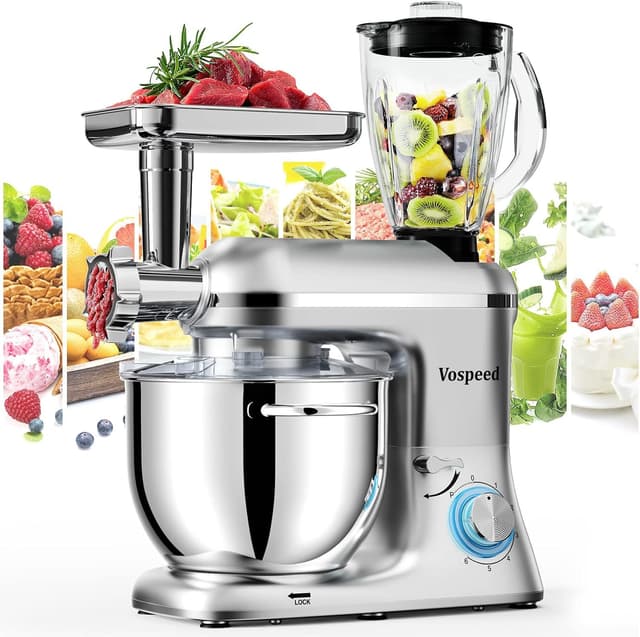 Stand Mixer 9 IN 1, 850W Tilt-Head Multifunctional Electric Mixer with 8 QT Stainless Steel Bowl, 1.5L Glass Jar, Meat Grinder, Hook, Whisk, Beater Dishwasher Safe (Silvery)