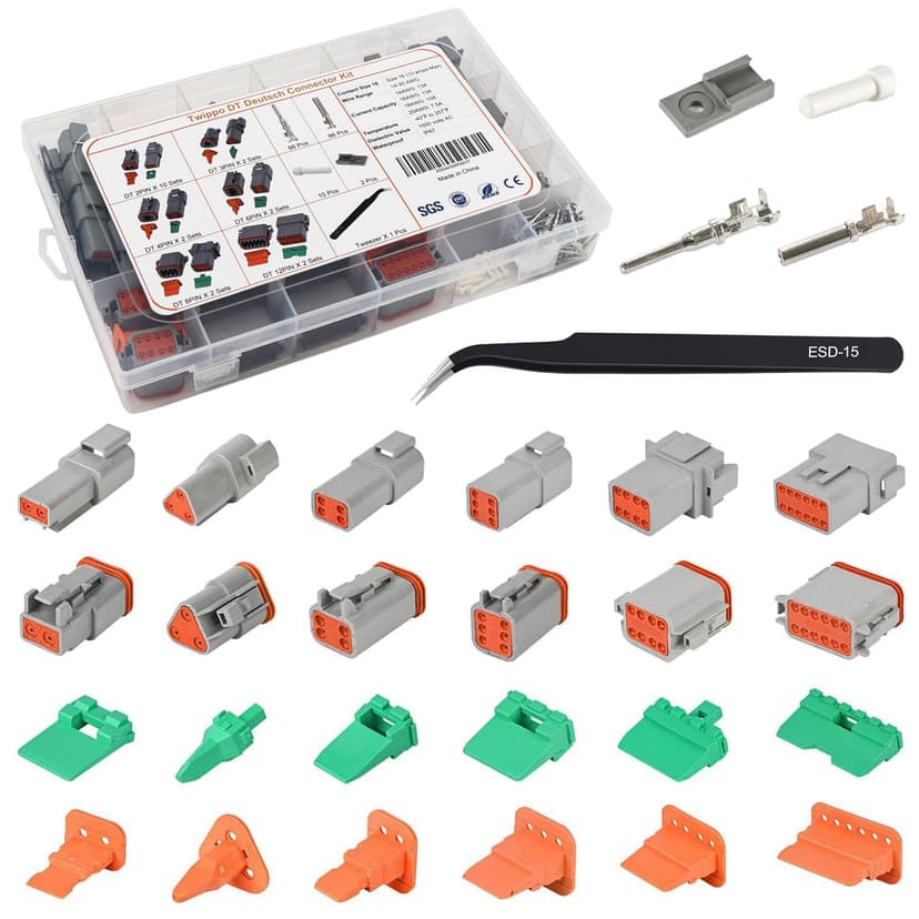 Twippo Deutsch Connector Kit 20 Sets, 2/3/4/6/8/12 Pin DT Connector Kit, Automotive Waterproof Wire Connectors, Electrical Connectors Kit with 16# Stamped Contacts for Car, RV, Truck Wiring 22-16AWG