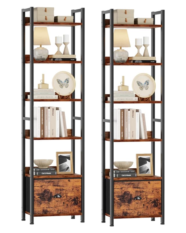 Furologee Book Shelf Set of 2, 6 Tier Tall Shelf with Drawer, Bookshelves and Bookcases Set of 2, Industrial Display Shelving Unit for Bedroom, Living Room, Home Office, Rustic Brown