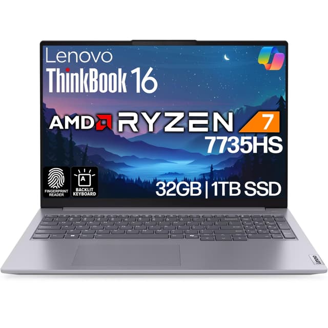 Lenovo ThinkBook 16 G7 Business Laptop, 16” FHD+, AMD Ryzen 7 7735HS, 32GB DDR5, 1TB NVMe, WiFi 6E + BT, Backlit KB, Fingerprint Reader, HD Webcam, Win 11 Pro