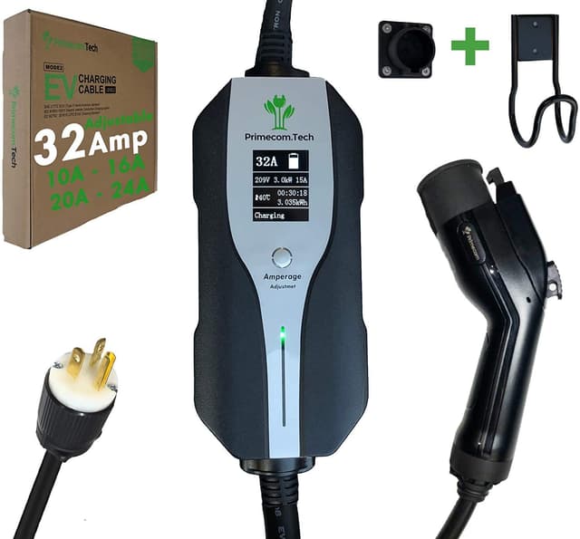 PRIMECOM.TECH Level 2 Electric Vehicle (EV) Charger Amperage Adjustable (10Amp - 16Amp - 20Amp - 24Amp - 32Amp) 30Ft Cable EVSE Plug-in Hybrid (40 FT, 6-20P)