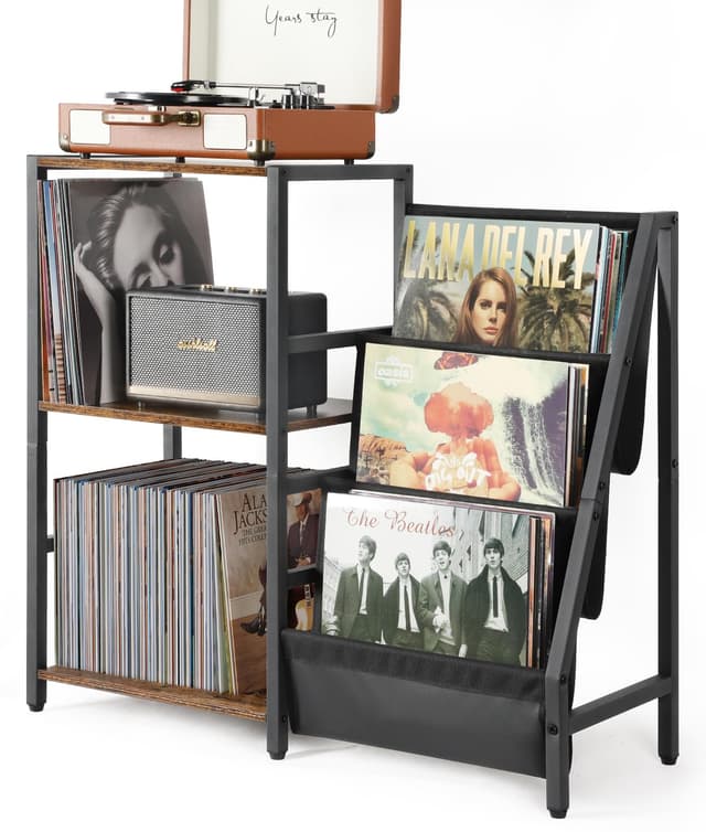 Bikoney Record Player Stand, Turntable Stand with 3-Tier Vinyl Record Storage, Record Player Table 200 Albums, End Table with Vinyl Display Holder Shelf, Record Player Cabinet Media Console for Stereo
