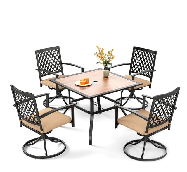 PHI VILLA 5 Pieces Outdoor Dining Set for 4, 37” Square Metal Steel Table with Polywood Tabletop & Swivel Wrought Iron Chairs with Cushions, Outside Furniture Set for Patio, Deck, Yard, Porch