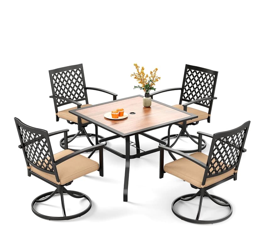 PHI VILLA 5 Pieces Outdoor Dining Set for 4, 37” Square Metal Steel Table with Polywood Tabletop & Swivel Wrought Iron Chairs with Cushions, Outside Furniture Set for Patio, Deck, Yard, Porch