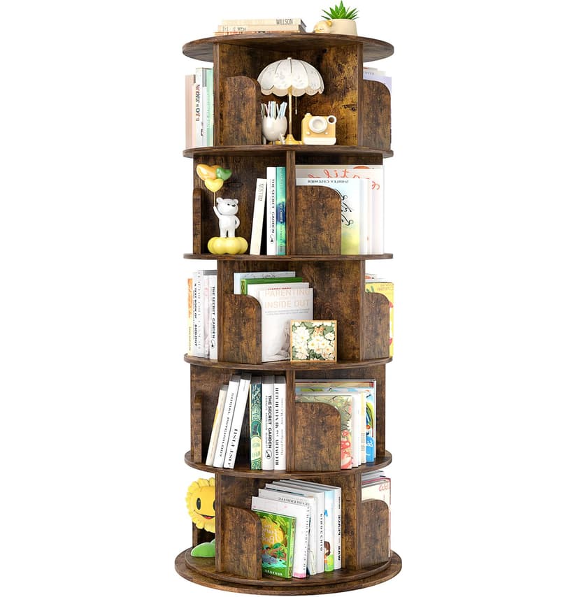 Aheaplus Rotating Bookshelf, 360 Display Wood Spinning Bookshelf Tower, 5 Tier Floor Standing Bookcase Storage Rack, Revolving Bookcase Corner Bookshelfs for Small Space, Study, Bed Room, Rustic Brown