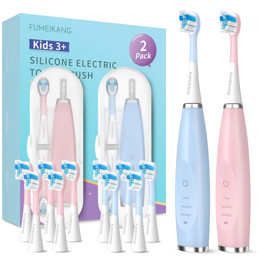 FUMEIKANG Kids Electric Toothbrushes 2 Pack Smart Sonic Toothbrush for Boys and Girls 3 4 5 6 7 8 9 10 11 12 (Blue+Pink, 2 Pack)