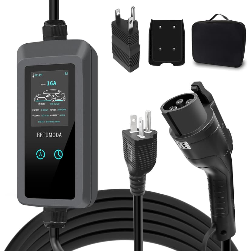BETUMODA Level 1&2 EV Charger 2026 Upgraded, 110V–240V, 8-16Amp Adjustable Current & Timer, NEMA 5-15 & 6-20 Plug, 25Ft EV Charging Cable, SAE J1772 Compatible for All PHEV/EV(Tesla Requires Adapter)