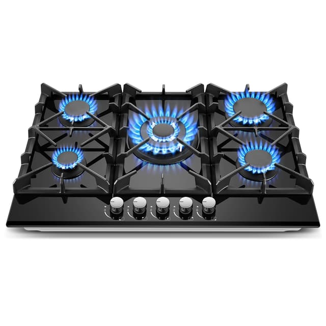 Gas Cooktop 30 Inch, Amzgachfktch 5 Burners Propane Stove, Built-in NG/LPG Convertible Gas Stove Top, Black Tempered Glass Propane Cooktop with Thermocouple Protection