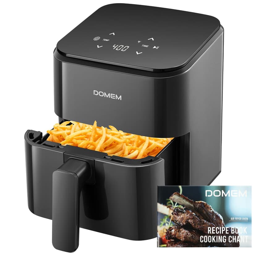 DOMEM 3 Qt Compact Air Fryer with Non-Stick Basket and Rack, User Friendly Simple Touchscreen, Cook in Simple Steps, Low-Oil Cooking Small Air Fryer, Space Saving Cooker