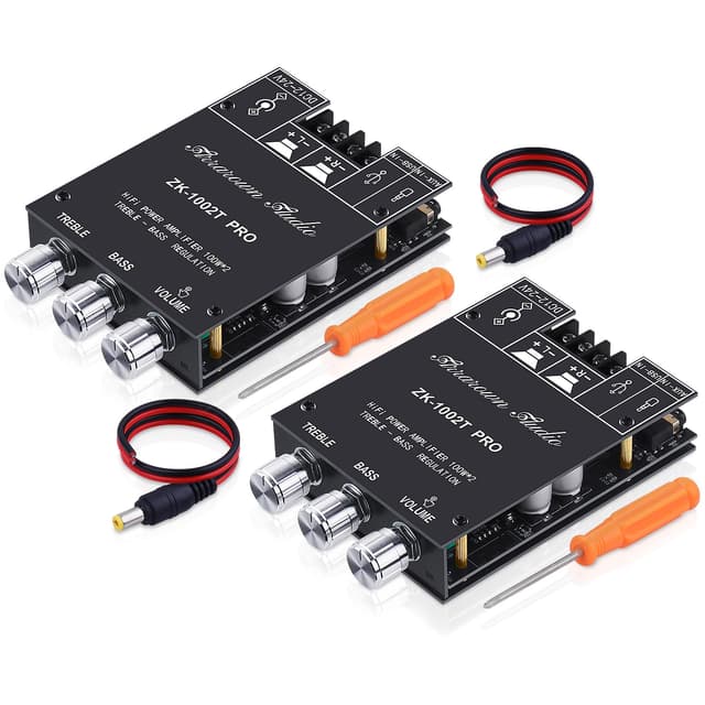 ZK-1002T PRO Bluetooth 5.0 Amplifier Board 2.0 Channel 200W HiFi Subwoofer Audio AMP with Treble and Bass, BT USB and AUX Inputs, DC 12-24V Stereo AMP Module for DIY Speakers (2 Pack)