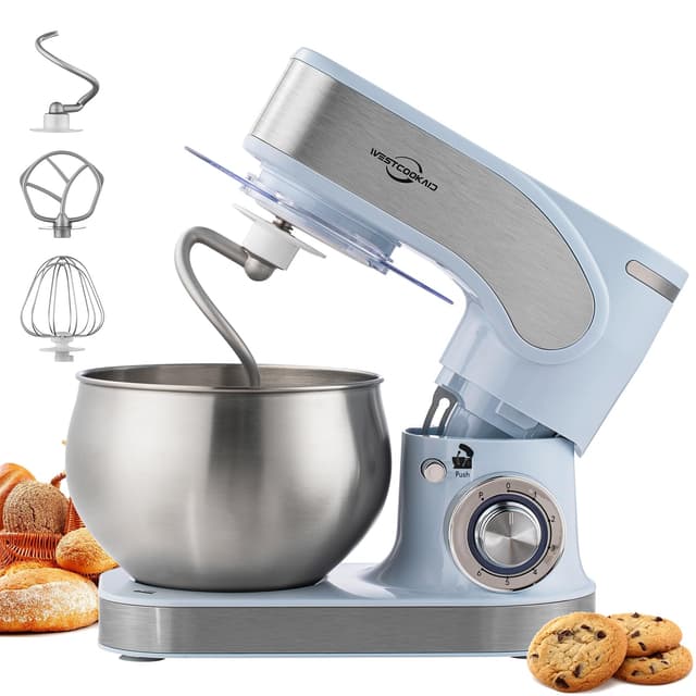 3-IN-1 Stand Mixer, 6+P Speed Electric Stand Mixer, 5.3QT WESTCOOKAID Kitchen Mixer for Daily Use with Whisk, Dough Hook, Flat Beater, Splash Guard for Baking, Cheesecake, Bread, Cookies, Blue