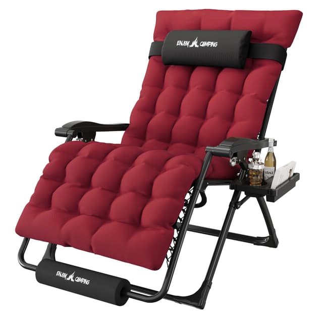 Amopatio Oversized Zero Gravity Padded Chair w/Removable Cushion&Headrest, XXL 33In Reclining Camping Lounge Chair Upgraded Lock and Footrest, Folding Patio Recliner for Indoor Outdoor, Red