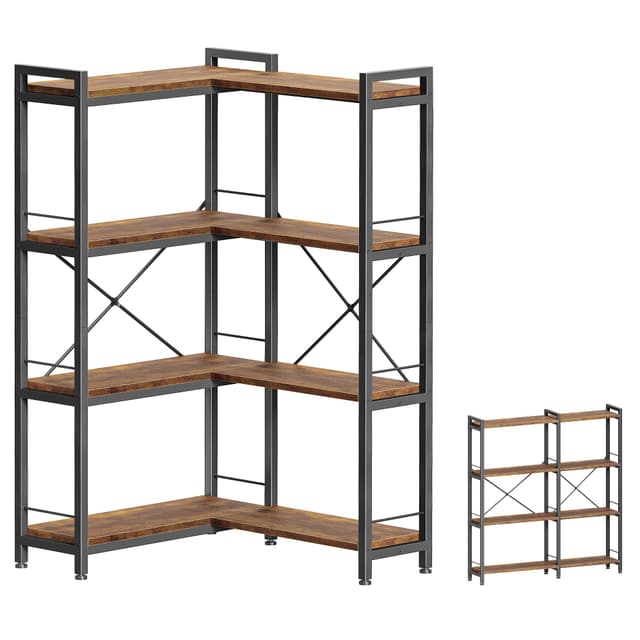 Huuger 4 Tier Bookshelf, L Shaped Corner Bookshelf with 8 Open Shelves, 49.4 Inch Straight Wide Bookcase with Metal Frame and Wooden Board, Adjustable Feet, Rustic Brown