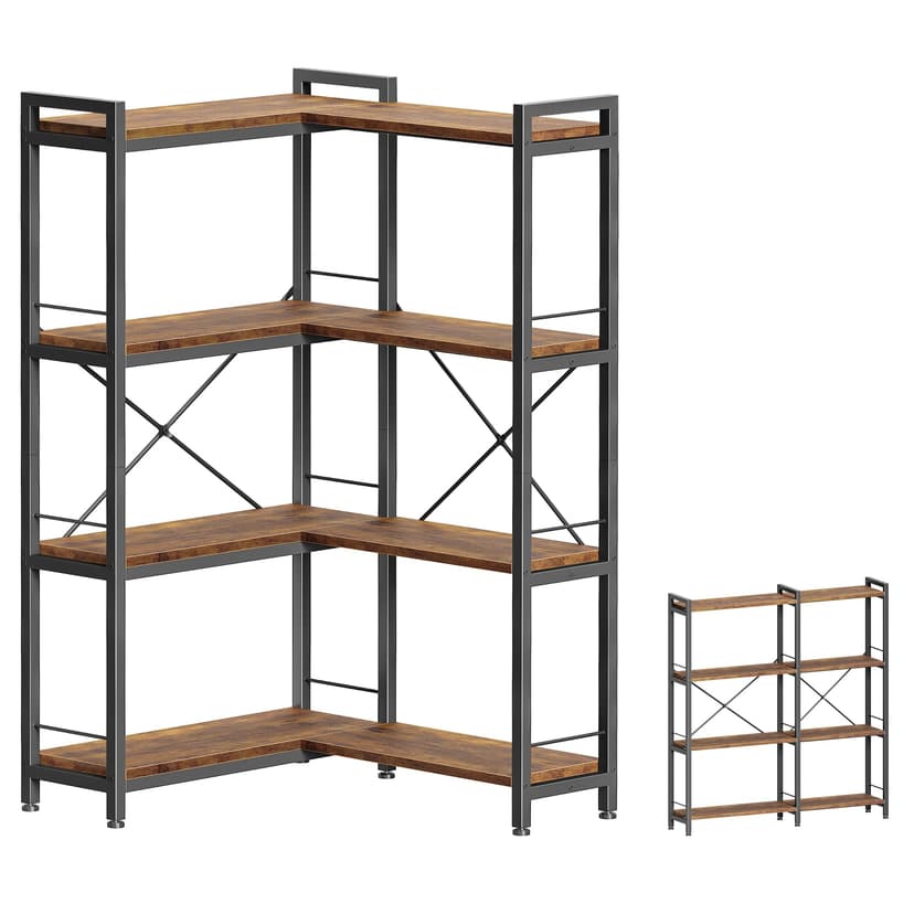 Huuger 4 Tier Bookshelf, L Shaped Corner Bookshelf with 8 Open Shelves, 49.4 Inch Straight Wide Bookcase with Metal Frame and Wooden Board, Adjustable Feet, Rustic Brown